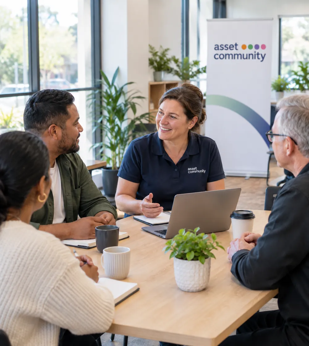A facilitator in an Asset Community shirt talks with three adults around a table in a bright training room